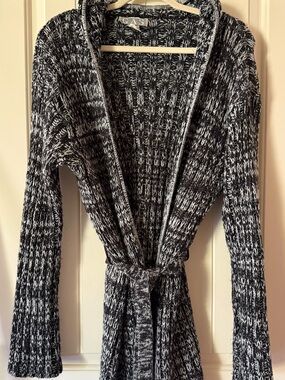 Black & White Marled Open-Front Belted Cardigan
